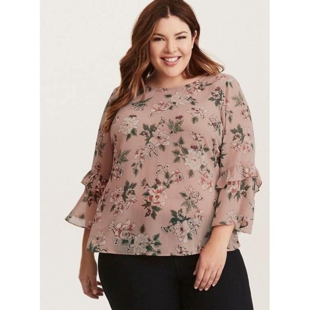 Torrid Pink‎ Women's Floral Print Ruffle Bell Sleeve V-Back Tunic Blouse 2X